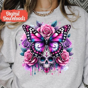 Peut inclure: Un papillon color&eacute; aux ailes roses et violettes est superpos&eacute; &agrave; un cr&acirc;ne de sucre avec des accents floraux. Les ailes du papillon sont largement d&eacute;ploy&eacute;es et le cr&acirc;ne est entour&eacute; de fleurs roses et violettes. L'arri&egrave;re-plan est une aquarelle rose et violette.