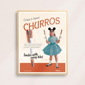 Impresión artística de estilo retro de mediados de siglo de Disneyland Churro / Anuncio de Disneyland California de los años 70 / Decoración de pared vintage / DESCARGA DIGITAL