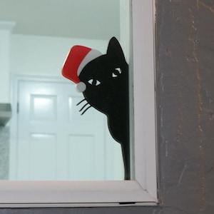 Christmas Cat Window Decor, 3D Printed Window Sill Santa Hat Kitten, Festive Holiday Cheer Decorations