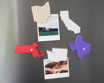 Imanes personalizados de los estados de EE. UU., compatibles con ladrillos, marcador de corazón personalizado, recuerdo para viajes largos.