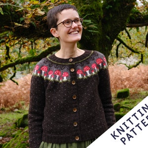 May include: A dark brown cardigan with a mushroom pattern across the yoke. The mushrooms have red caps and white stems. The cardigan has wooden buttons and a green trim. The text "KNITTING PATTERN" is in the lower right corner.