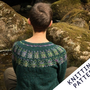 May include: A green knitted sweater with a crew neck and a patterned yoke. The yoke features a repeating design in shades of purple and green. The text "KNITTING PATTERN" is visible in the lower right corner.