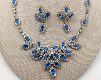 Exquisite Vintage Sapphire Blue Rhinestone Necklace 19 inches Deminsional Design with Earrings Bridal Wedding Jewelry