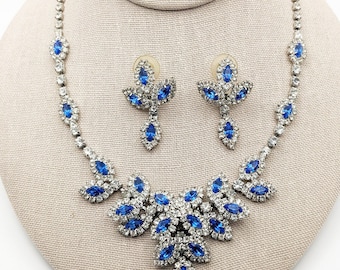 Exquisite Vintage Sapphire Blue Rhinestone Necklace 19 inches Deminsional Design with Earrings Bridal Wedding Jewelry