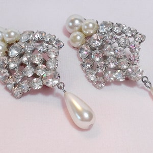 Vintage Wedding Earrings Rhinestones Pearl Drops Dangle Clip back Earrings Bridal Prom
