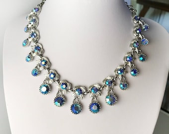 Vintage Coro Blue Aurora Borealis Rhinestone Choker with Dangles Wedding Necklace