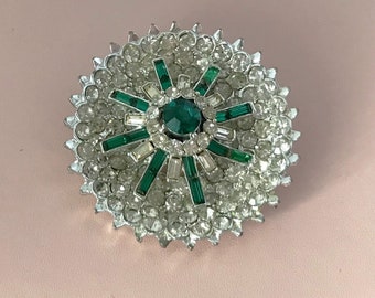 Vintage Corocraft Clear Rhinestones and Green Baguettes Brooch in Silver Tone