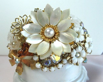 Bridal Bracelet Beautiful Mother of Pearl Flower Cuff From Vintage Jewels