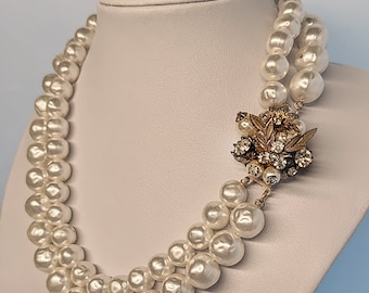 Vintage Necklace Unsigned Miriam Haskell Simulated Pearl Necklace Jeweled Clasp 1930s Art Deco