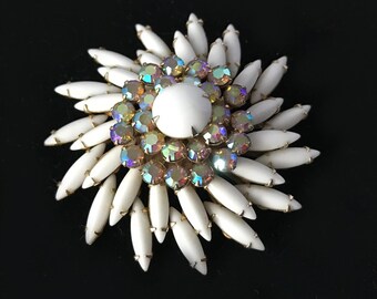 Vintage White Milk Glass Brooch with Aurora Borealis Rhinestones