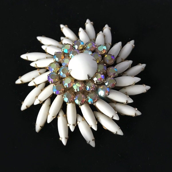 Vintage White Milk Glass Brooch with Aurora Borealis Rhinestones