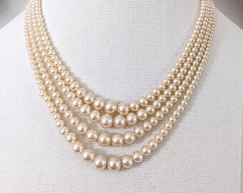 Art Deco 4 Strand Ivory Glass Pearl Necklace with adjustable length rhinestone hook and chain closure Wedding Bridal Prom 1940s