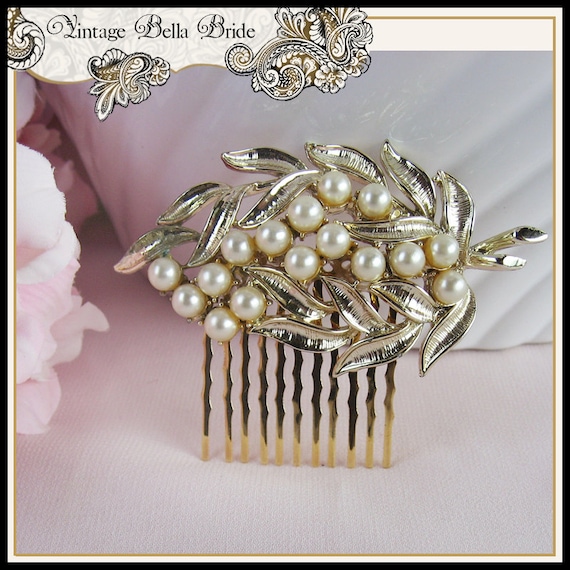 Wedding Vintage Hair Comb Gold Tone Leaves Pearls Bridal  display picture 1