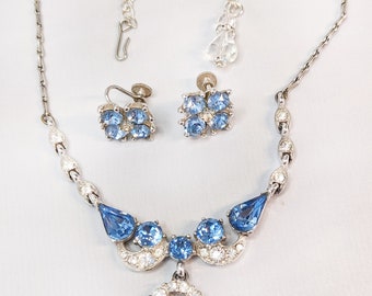 Gorgeous 1950s Wedding Necklace Earrings by Vintage Designer Bogoff Sky Blue and Clear Rhinestones Something Blue High Quality Bridal