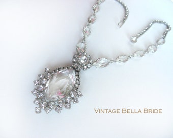 Vintage Rhinestone Crystal Drop Necklace Wedding Prom Special Occasion Mid Century