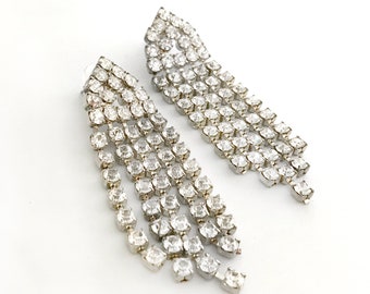 Vintage Designer Capri Earrings Silver Tone 3 Inch Rhinestone Pierced - Bridal Earrings