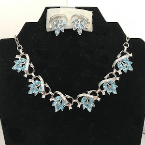 Vintage Coro Blue Rhinestone Bridal Necklace and Earrings Silver Tone Wedding Necklace