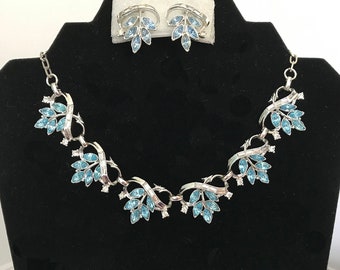 Vintage Coro Blue Rhinestone Bridal Necklace and Earrings Silver Tone Wedding Necklace