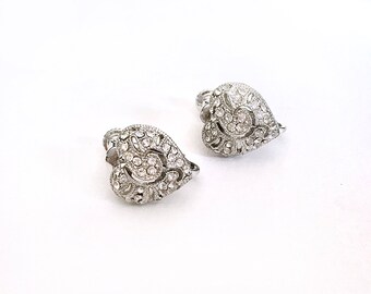 Vintage Heart-Shaped Clear Pave Set Rhinestone Earrings Screw-Back Clip-ons Patent 3,176,475 Wedding Bridal Valentines Day 1960s