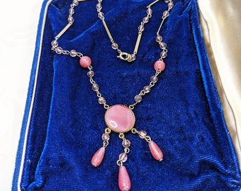 Vintage Czech Pendant Necklace Pink Satin Glass Dangle Beads