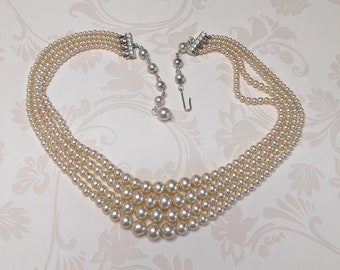 Art Deco 4 Strand Ivory Glass Pearl Necklace with adjustable length rhinestone hook and chain closure Wedding Bridal Prom 1940s