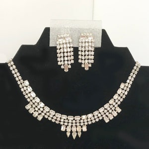Vintage Art Deco Clear Rhinestone Necklace Earrings Demi Parure Bridal Wedding Jewelry