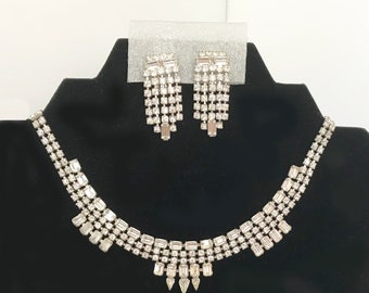 Vintage Art Deco Clear Rhinestone Necklace Earrings Demi Parure Bridal Wedding Jewelry