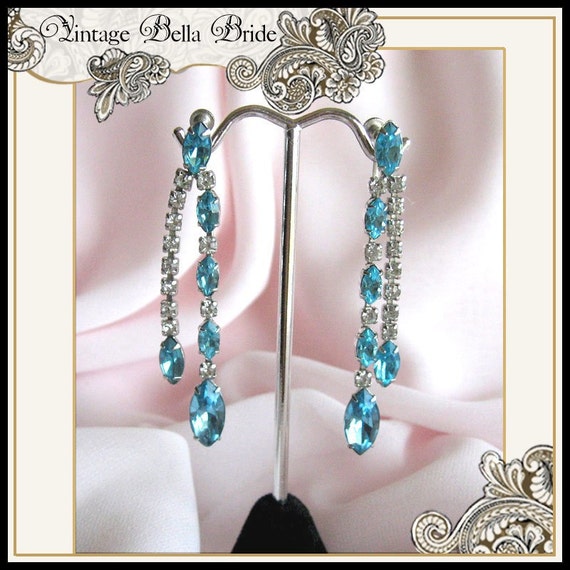 Kramer Aqua Blue & Clear Rhinestone Dangle Earring