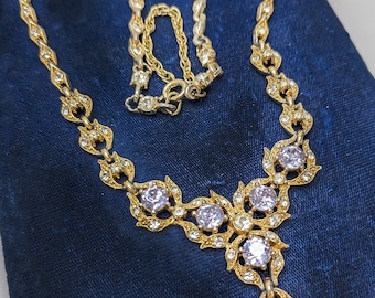 Bogoff 1950s Rare Gold Tone Lavender and Clear Rhinestones Necklace, High Quality Designer, Wedding Bridal Jewelry