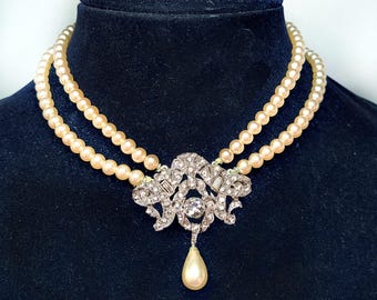 Vintage Faux Pearl Choker Stunning Clear Rhinestone Pendant Pearl Drop Necklace Retro 1970s 1980s Wedding Bridal Art Deco Style Gatsby Theme