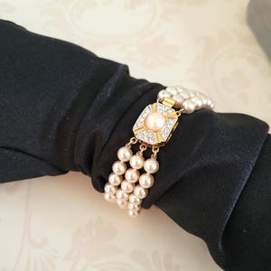 Beautiful Hand-Made Pearl Bracelet by Deltah from Mallorca Spain - Rhinestone Pearl Closure Clasp Bridal Wedding Gift