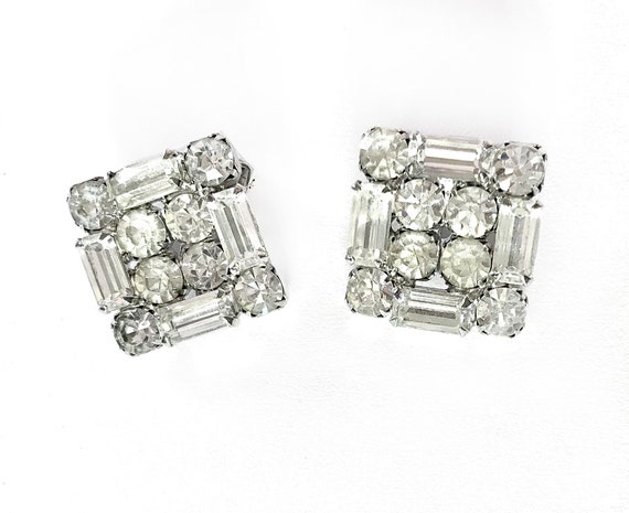 Vintage Clear Rhinestone Earrings Clip Back 1960s… - image 2