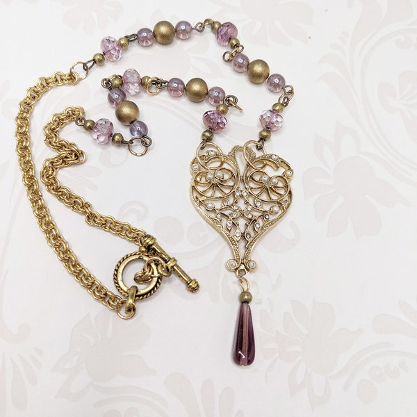 Handmade Assemblage Heart Necklace Amethyst Color Purple Glass Stones Wedding Bride