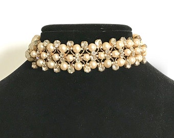 Vintage Necklace Designer Miriam Haskell Simulated Pearl Rhinestone Choker 1960s