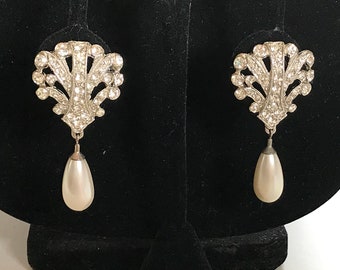 Vintage Wedding Rhinestone Faux Pearl Drop Earrings Silver Tone Clear Clip Back Bridal Prom Designer Tara