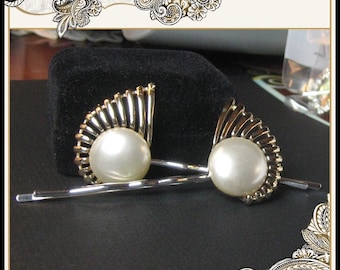 Hair Pins From Vintage Earrings - Cool Eyelash Design - Gold Tone and Faux Pearl