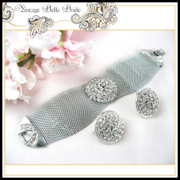 Fabulous Vintage Silver Tone Mesh Bracelet with Clear Rhinestone Center Brooch and Matching Earrings Wedding Bridal Judy Lee Designer