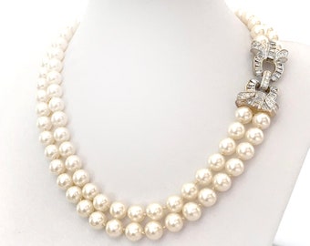 Vintage Carolee Glass Pearl Necklace Clear Rhinestone Clasp Bridal Necklace Wedding Necklace