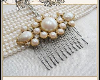 Wedding Pearl and Rhinestone Hair Comb From Vintage Brooch Bridal Prom Christmas