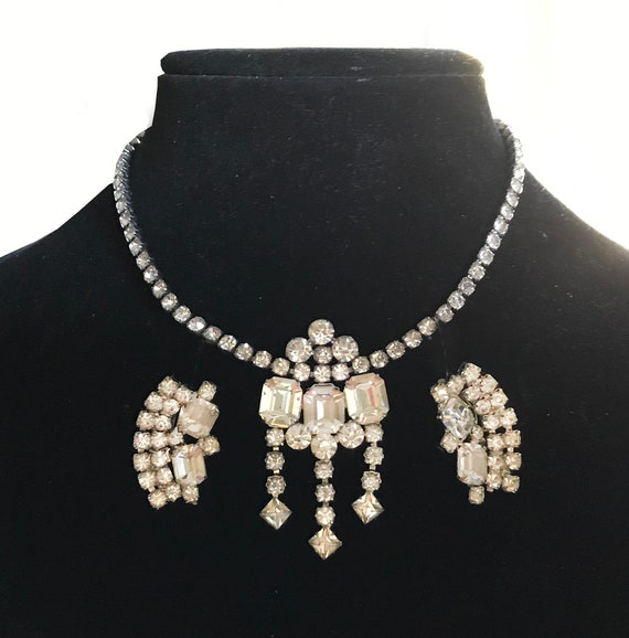 50s Rhinestone Necklace Vintage 1950s 1960s White Crystal Silver Choker Collar Bib Costume Jewelry Wedding Prom Bridal Evening Cocktail