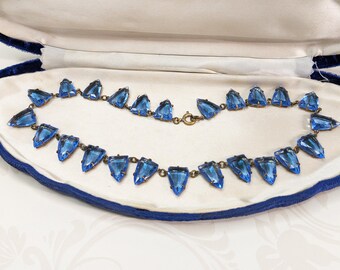 Art Deco Czech Rivière Necklace 1920s 1930s Medium Sapphire Blue Cut Glass Brass Setting