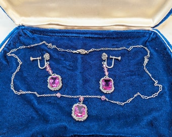 Edwardian Art Deco Sterling Silver Czech Glass Pink Necklace Earring Set Wedding Bridal