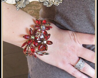 OOAK from Vintage Ruby Red Rhinestone Brooch Bracelet Christmas Gift