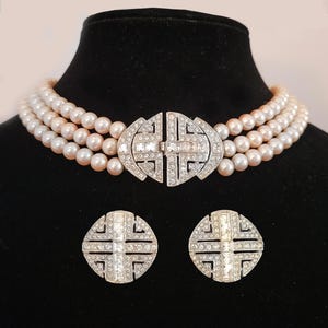 Vintage Necklace Unsigned Warm White Pearl Rhinestone Choker With Matching Earrings, Art Deco Style, Gatsby Style,  Bridal Necklace