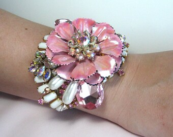 Bridal Bracelet Pink Iridescent AB Flower Milk Glass Trim Wedding Bracelet Cuff From Vintage Jewels