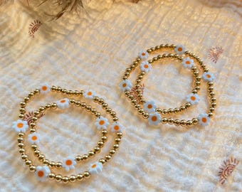 Mommy & Me Daisy Bracelet Set: Gold Beaded Ceramic Bracelets