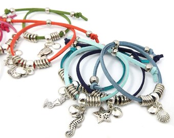 Bulk Friendship Charm Bracelet kit, make your own faux suede friendship bracelet with cute silver charms.