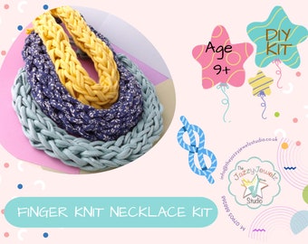 Knitting kit, DIY recycled cotton necklace, finger knit craft kit