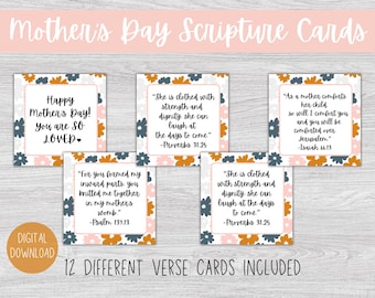 Tarjetas con versículos bíblicos para el Día de la Madre, regalo para la iglesia, tarjetas imprimibles con versículos para el Día de la Madre, etiqueta cristiana para regalo, versículo bíblico para mamá