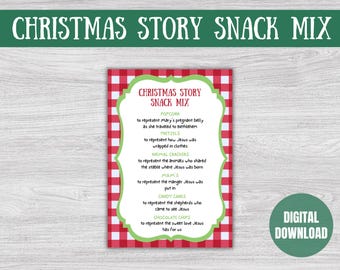 May include: A digital download featuring a Christmas Story Snack Mix list. The design includes a red and white checkered background with a green and white decorative border. The text lists snack items like popcorn, pretzels, animal crackers, M&Ms, candy canes, and chocolate chips.